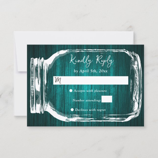 Cartão RSVP Teal Rustic Wood Mason Jar Rustic Fall Wedding (Frente)