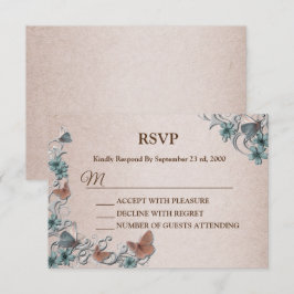 Cartão RSVP Teal Silver Floral Copper Butterfly Tan Wedding