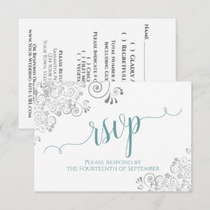 Cartão RSVP Teal sobre Casamento Frilly da Caligrafia Elegante