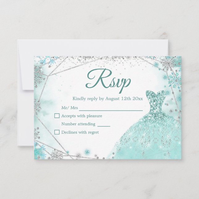 Cartão RSVP Teal Verde Prata Natal Princesa Quinceañera (Frente)