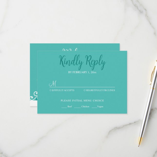 Cartão RSVP Teal White Elegant Wedding Bride and Groom (Frente/Verso In Situ)