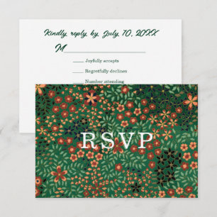 Cartão RSVP Tecido Floral Vermelho Verde Escuro Ousado para Ja