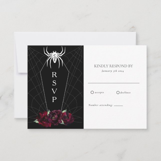 Cartão RSVP Tela de Aranha do Caixão Hallowedding Preto Branco (Frente)
