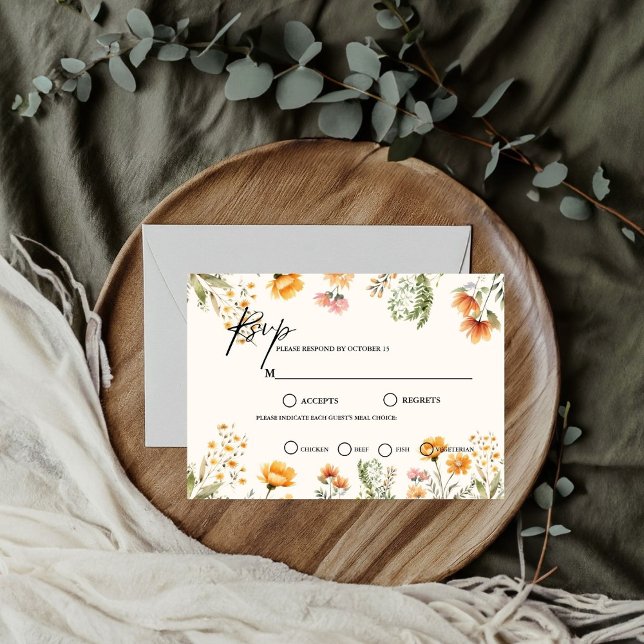 Cartão RSVP Tema de casamento de flores silvestres marfim Mini (Criador carregado)
