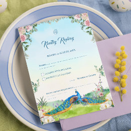 Cartão RSVP Tema de Casamento Floral Pavão Azul Elegante