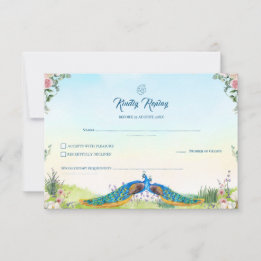 Cartão RSVP Tema de Casamento Indiano Floral Pavão Azul Elegan