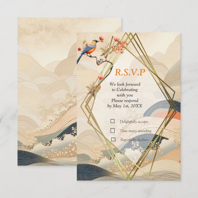 Cartão RSVP tema Serene Tranquilidade Ikebana Japonês (Frente/Verso)