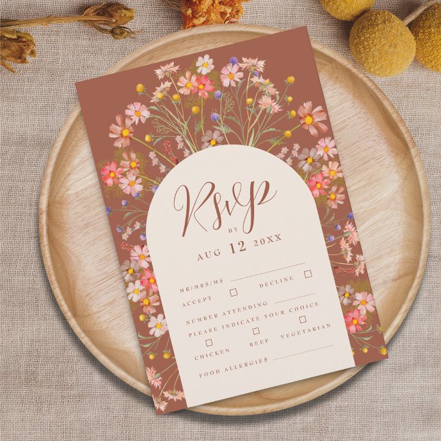 Cartão RSVP Terracota Boho Casamento de Outono (Boho fall wildflower rustic terracotta and beige wedding rsvp card)
