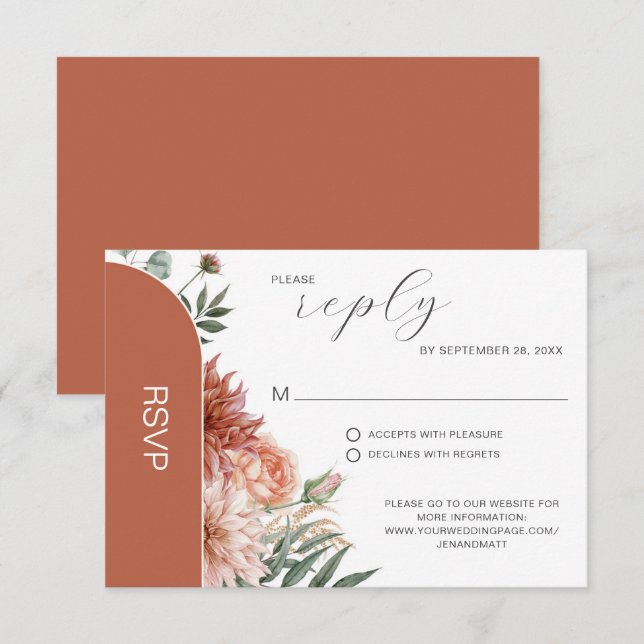 Cartão RSVP Terracota e Floral de Pêssego para Casamento de Ou (Frente/Verso)