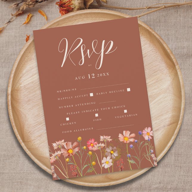 Cartão RSVP Terracotta Boho Fall Floral Meal Options Wedding (Wildflower boho fall floral terracotta rust orange beige wedding RSVP card elegant whimsical script)