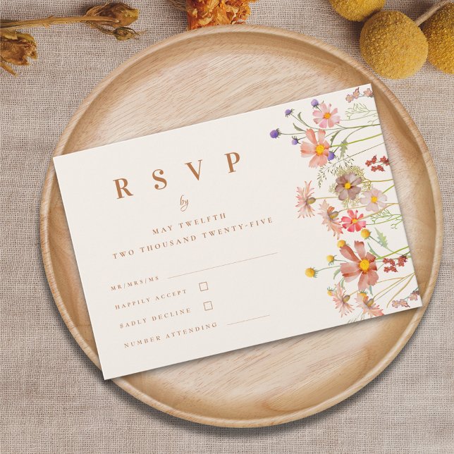 Cartão RSVP Terracotta Boho Fall Wildflower Wedding RSV (Boho fall Wildflower Wedding rsvp card terracotta burnt orange beige watercolor autumn flowers )