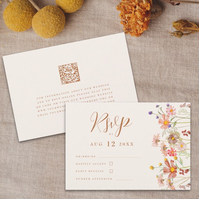 Cartão RSVP Terracotta Boho Fall Wildflower Weding (Boho fall Wildflower Wedding rsvp card with website qr code terracotta burnt orange beige watercolor)