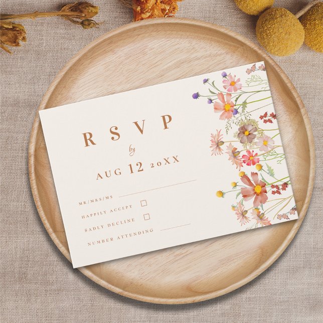 Cartão RSVP Terracotta Boho Fall Wildflower Weding (Boho fall Wildflower Wedding rsvp card watercolor autumn florals beige terracotta burnt orange )