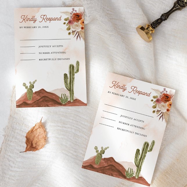 Cartão RSVP Terracotta Floral Desert Cactus Wedding (Criador carregado)