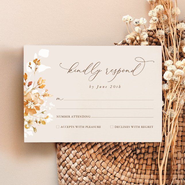 Cartão RSVP Terracotta Floral Elegant Watercolor Wedding (Terracotta floral wedding RSVP card with elegant typography, neutral watercolor bridal stationery)