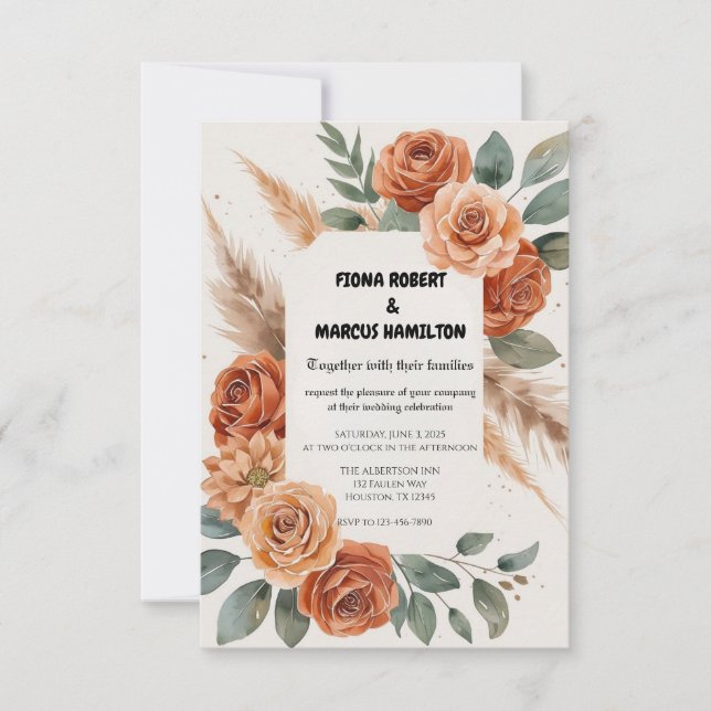 Cartão RSVP Terracotta Florals Rustic Earthy Boho Wedding (Frente)
