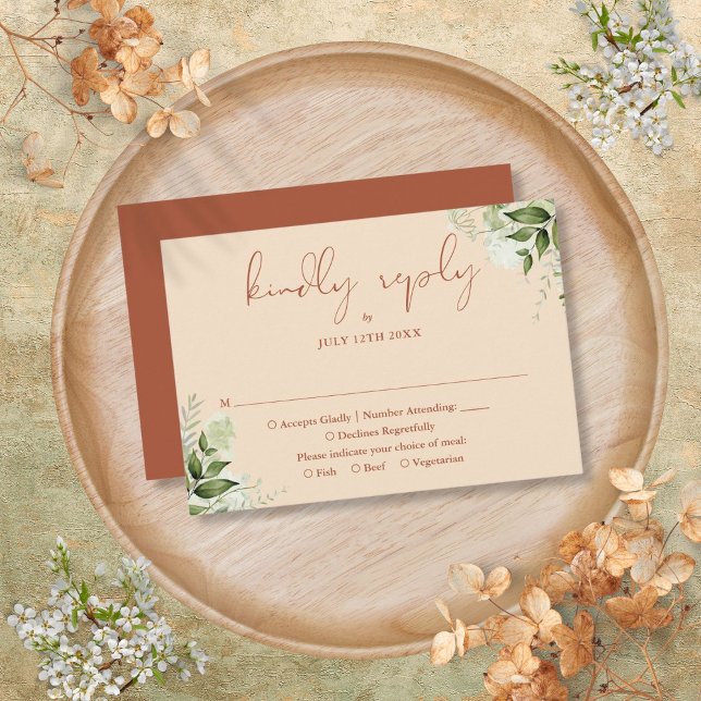 Cartão RSVP Terracotta Greenery Elegant Script Wedding (Terracotta Greenery Elegant Script Wedding RSVP Card)