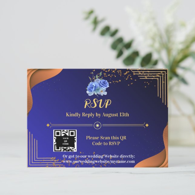 Cartão RSVP Terracotta Marinho Blue Elegant (Em pé/Frente)