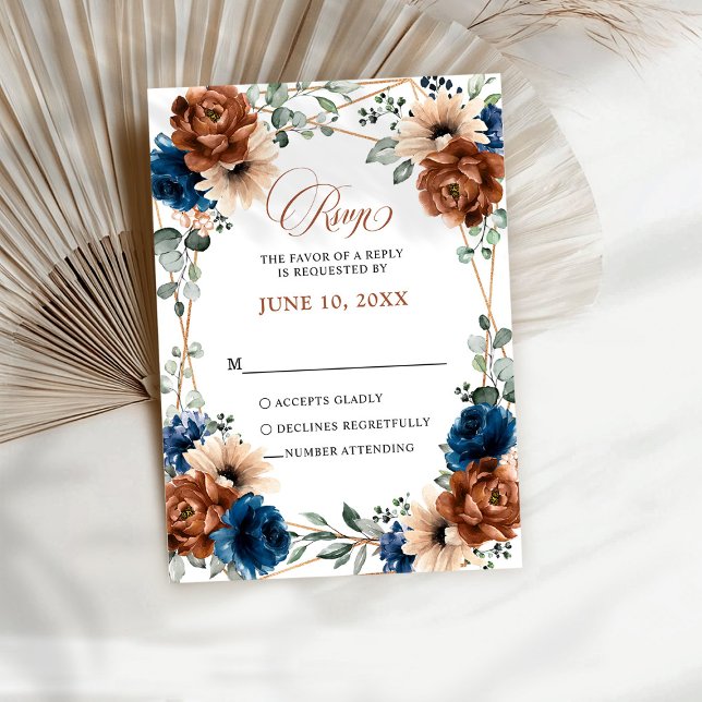 Cartão RSVP Terracotta Marinho Blue Greenery Casamento Geométr (Terracotta Navy Blue Greenery floral Geometric Wedding  RSVP Card)