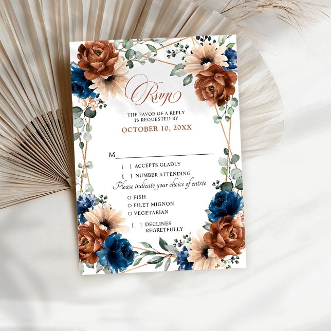 Cartão RSVP Terracotta Marinho Blue Greenery Casamento Geométr (Terracotta Navy Blue Greenery Geometric Wedding RSVP Card with meal choice details.
)