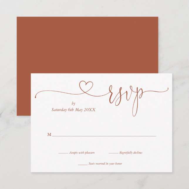 Cartão RSVP Terracotta Modern Elegant Script Heart (Frente/Verso)