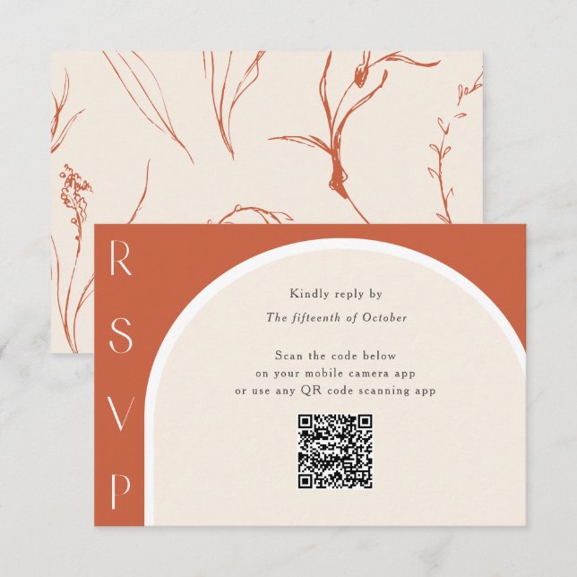 Cartão RSVP Terracotta QR code Modern Arch Wedding online (Frente/Verso)