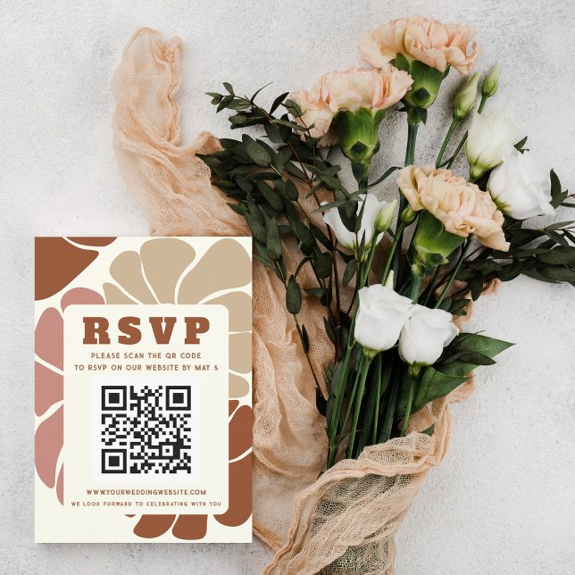 Cartão RSVP Terracotta Retro Groovy Boho CÓDIGO QR Floral (Terracotta Retro Groovy Boho Floral QR CODE RSVP Card)