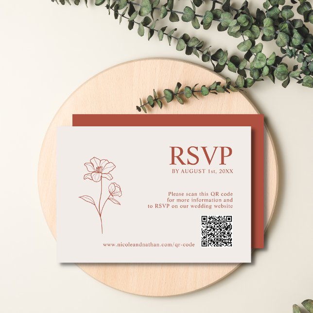Cartão RSVP Terracotta Rust Earth Tone | Boho Flower QR code R (Criador carregado)
