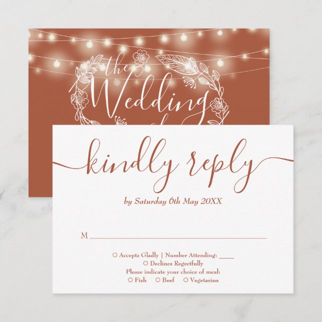 Cartão RSVP Terracotta String Lights Floral Weding (Frente/Verso)