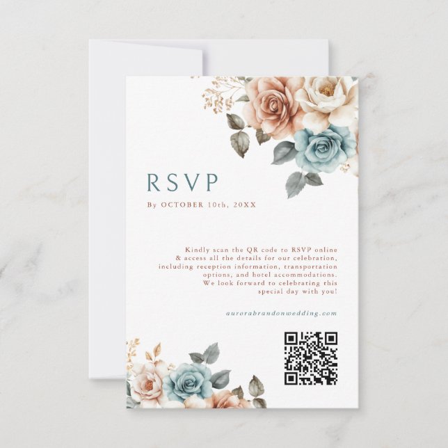Cartão RSVP Terracotta Teal Neutral Watercolor casamento flora (Frente)
