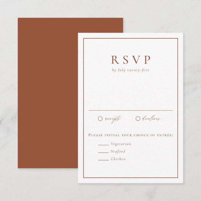 Cartão RSVP Terracotta Typografia Simples Casamento Formal (Frente/Verso)