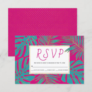 Cartão RSVP Teto, folhas tropicais douradas, casamento rosa ma