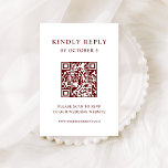 Cartão RSVP Texto vermelho branco e escuro | Código QR de Casa<br><div class="desc">Este cartão de resposta de casamento com código QR minimalista e elegante apresenta texto vermelho escuro moderno num fundo branco,  para uma aparência simples e na moda. Seus convidados podem examinar o código facilmente para visitar seu site de casamento e o rsvp online.</div>
