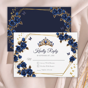 Cartão RSVP Tiara de Rosas Douradas Azul Marinho Quinceañera