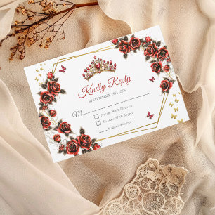 Cartão RSVP Tiara de Rosas Douradas Borboletas Quinceañera