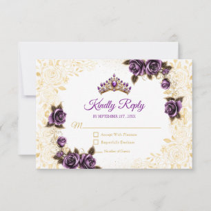 Cartão RSVP Tiara Dourada Roxa Floral Rosa Quinceañera