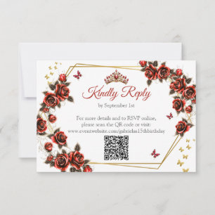 Cartão RSVP Tiara Dourada Vermelha Rosas Borboleta Quinceañera
