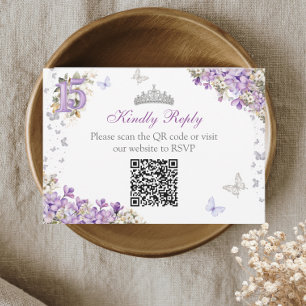 Cartão RSVP Tiara Floral de Borboleta Prata Lavanda Quinceañer