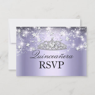 Cartão RSVP Tiaras de Purpurina Roxa & Estrelas Quinceanera RS