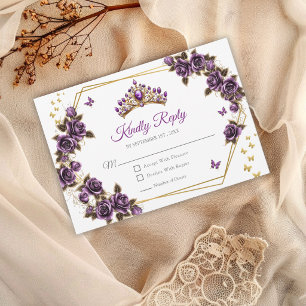 Cartão RSVP Tiaras de Rosas Douradas Roxas Borboletas Quinceañ