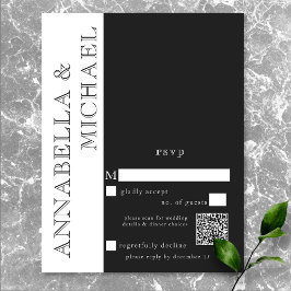 Cartão RSVP Tipografia Moderna Casamento Branco Negro QR