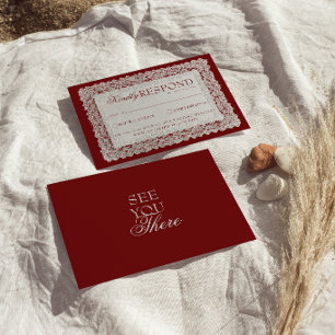 Cartão RSVP Toalha de Renda Borgonha Clássica Casamento Retro