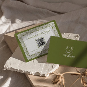 Cartão RSVP Toalhete de Renda Verde Oliva Casamento Código QR