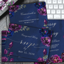 Cartão RSVP Tons de Joia Azul Naval Safira Ametista Casamento 