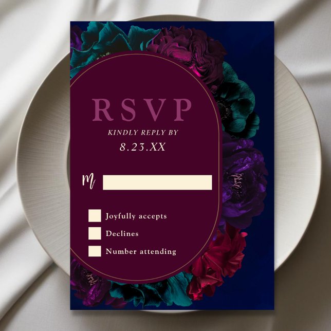 Cartão RSVP Tons de joia chic, casamento floral de marinho bur (Criador carregado)