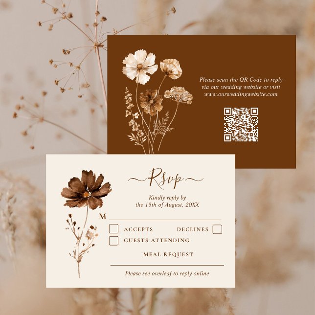 Cartão RSVP Tons de Terra Flores Silvestres Secas Boho Código  (Criador carregado)
