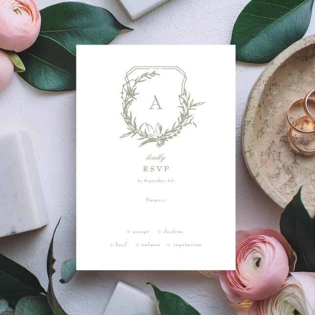 Cartão RSVP Traje Verde Branco clássico, crista floral clássic (Criador carregado)