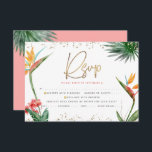 Cartão RSVP Tropical Bat Mitzvah Dourada Script Palm Watercolo<br><div class="desc">Tenha orgulho, alegria e comemore este marco do seu Bat Mitzvah favorito com este sofisticado e personalizado cartão de inserção RSVP para o seu evento! Na moda, atordoante, colorida, pássaros aquosos tropicais de flores do paraíso, escrita falsa em ouro manuscrita, Estrela de David e pontos brilhantes, juntamente com cor-de-rosa rosa...</div>