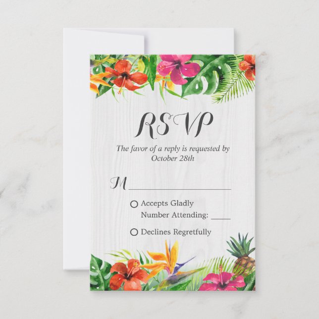 Cartão RSVP Tropical Floral Flamingo Rustic Wood Casamento RSV (Frente)