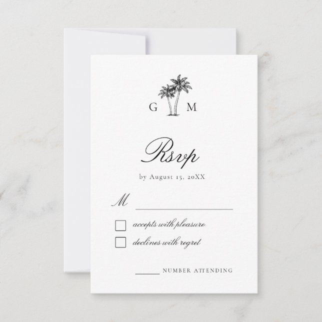 Cartão RSVP Tropical Palm Tree Monogram Destination Wedding (Frente)